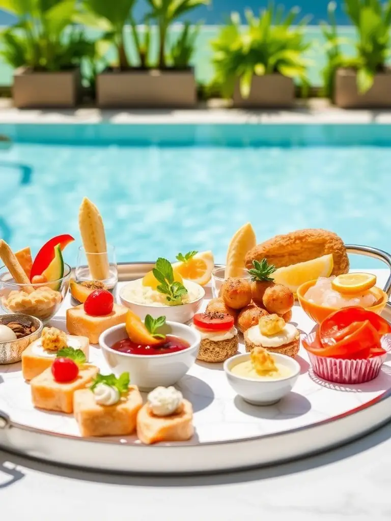 An image of a selection of gourmet snacks and light bites available at the Aura Skypool, presented beautifully on a serving tray.